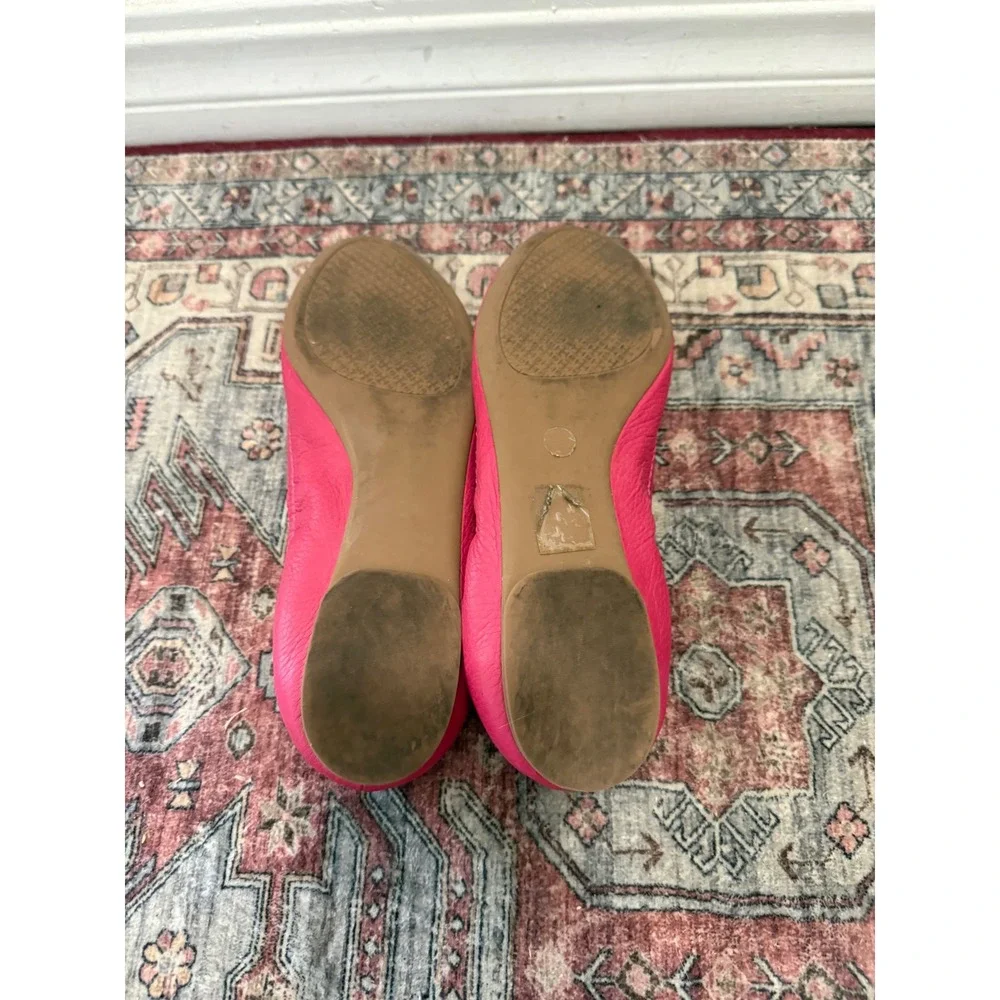 Tory Burch Minnie Travel Ballet Flats Pink Pebbled Leather Gold Logo Size 8.5